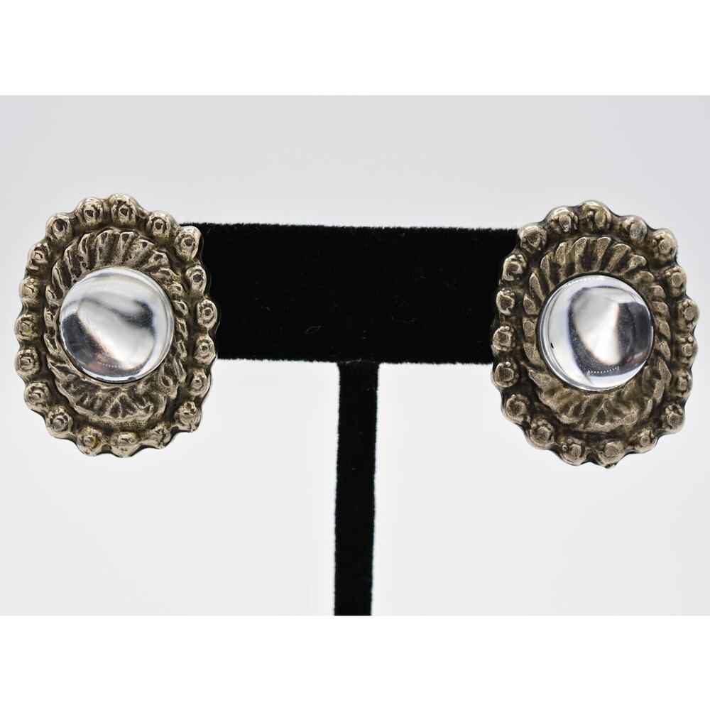 Vintage Cabochon Clip On Earrings Clear Jelly Rustic Silver Tone 1980s BinAA